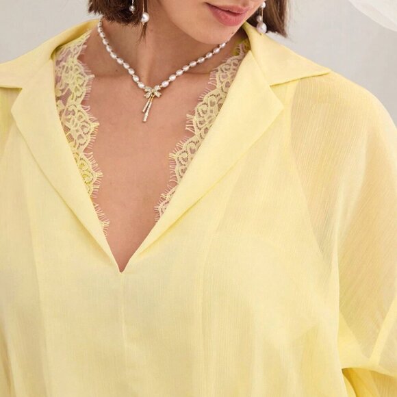 Yellow Romantic Women's Lace Ruffle Long Sleeve Mini Dress - Picture 7 of 7